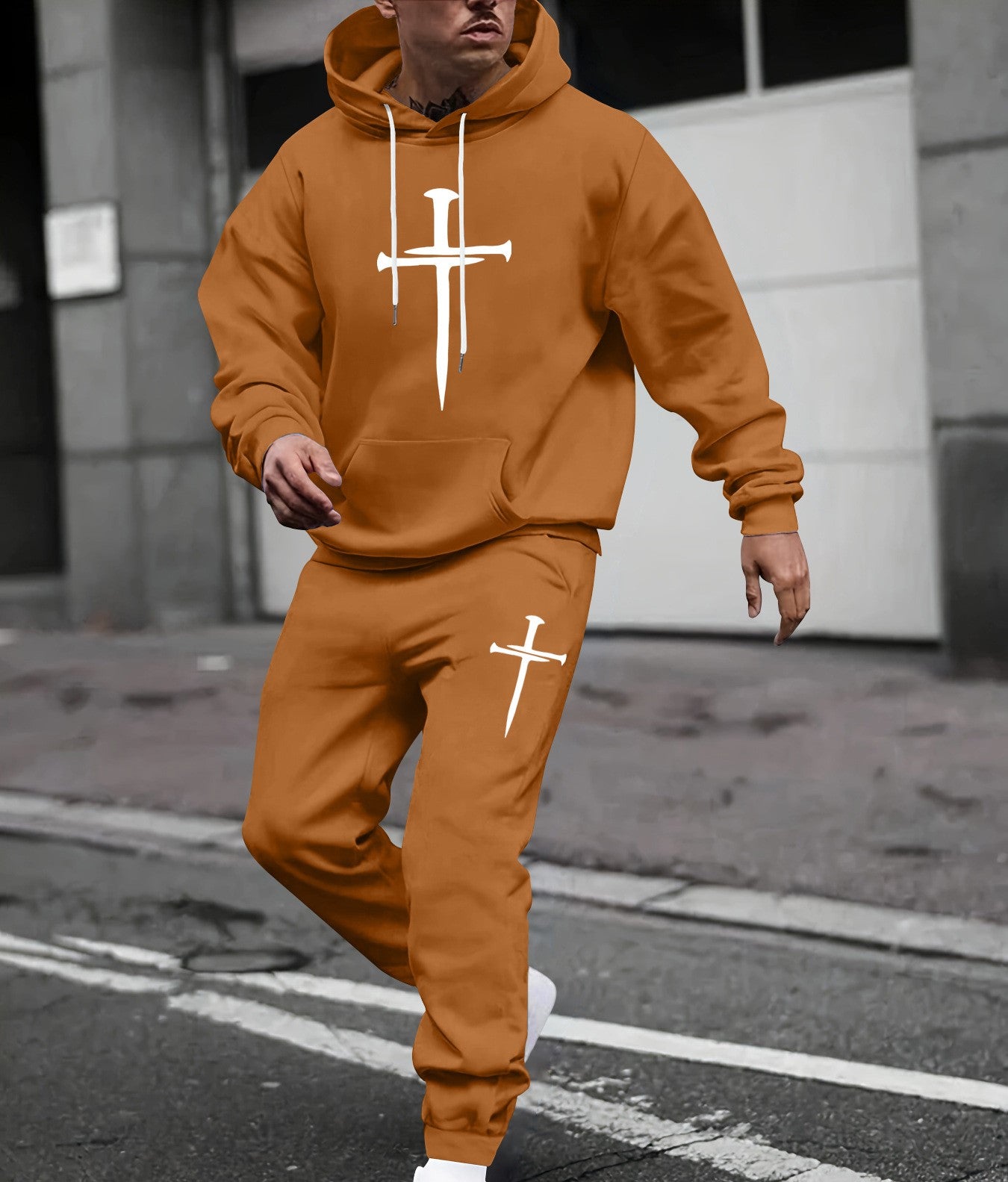 KZZ Men's Printed Hoodie and Drawstring Sweatpants Set
