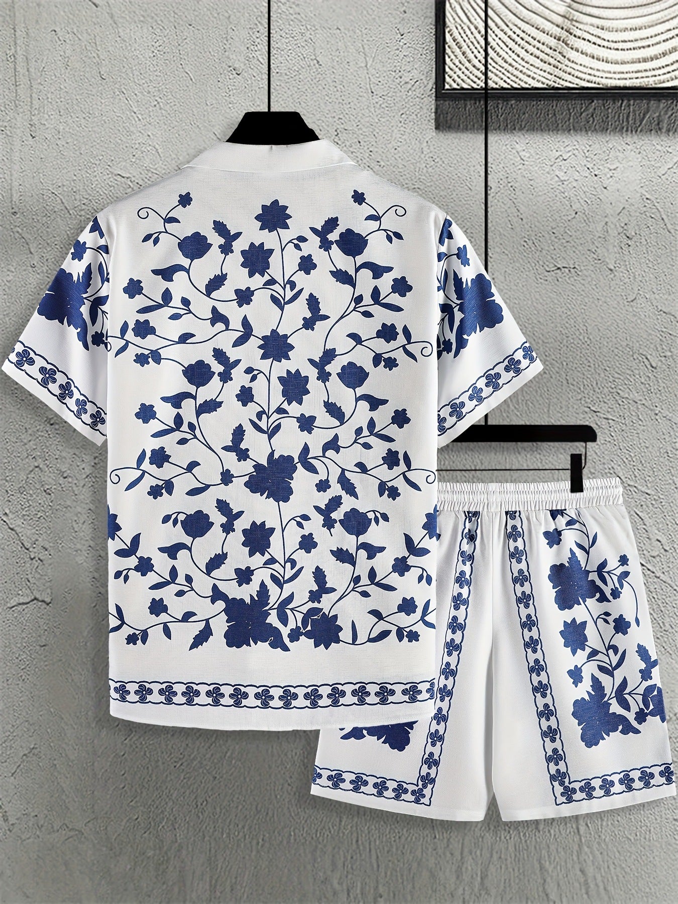 KZZ Men's ethnic-style patterned button-down shirt and shorts loungewear two-piece set