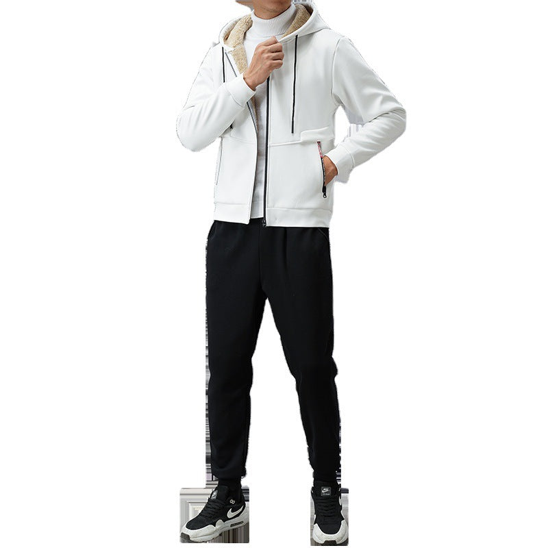 KZZ Two-piece Set Men's Solid Zip Up Hooded Jacket & Drawstring Waist Pants Set