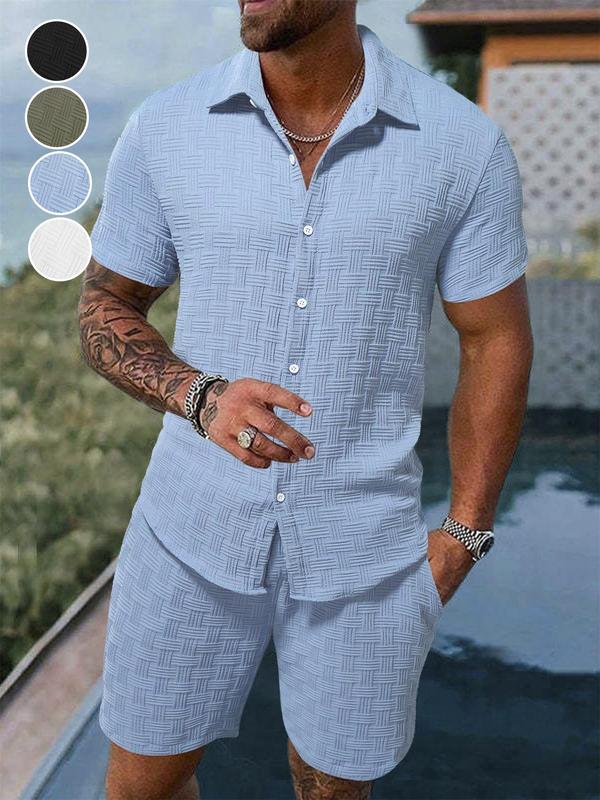 KZZ Men's Pure Color Textured Short Sleeve and Shorts Summer Suit
