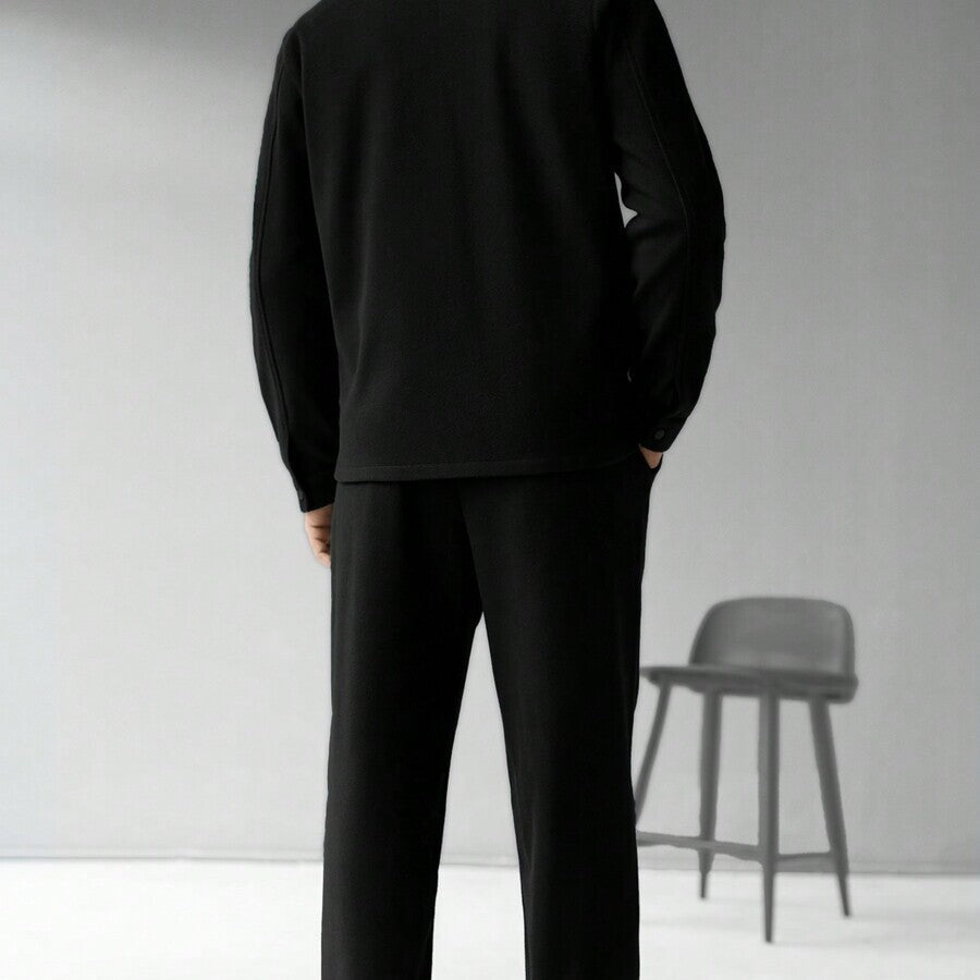 KZZ Men's Solid Color Pocket Jacket and Belt Waist Pants Sport Suit Regular Version Mature Business Style