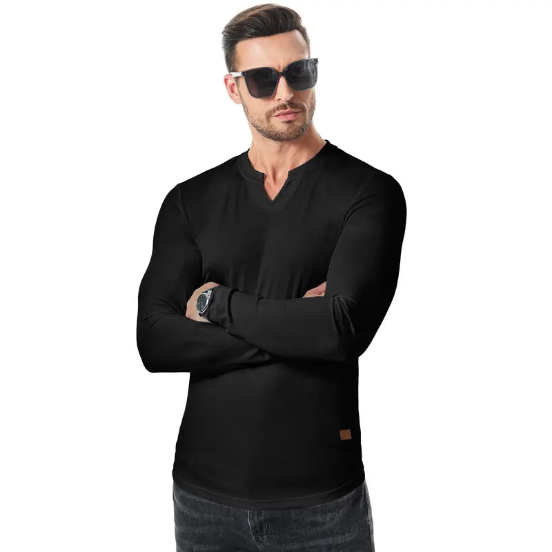 KZZ Men's Solid Casual Shirt Slim Fit T-Shirt, V-Neck Long Ribbed T-Shirt