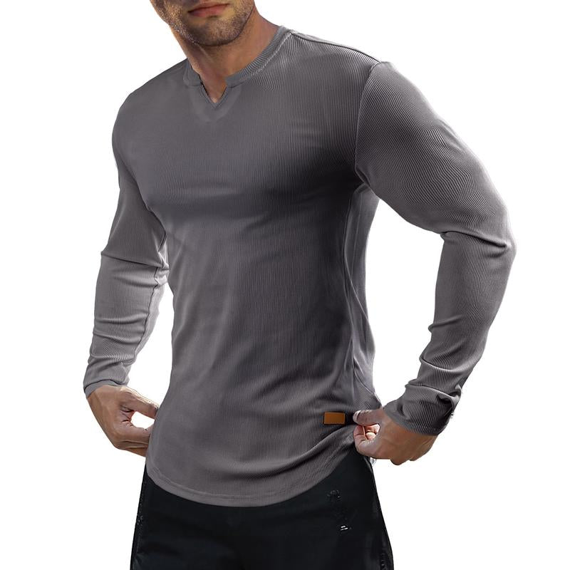 KZZ Men's Solid Casual Shirt Slim Fit T-Shirt, V-Neck Long Ribbed T-Shirt