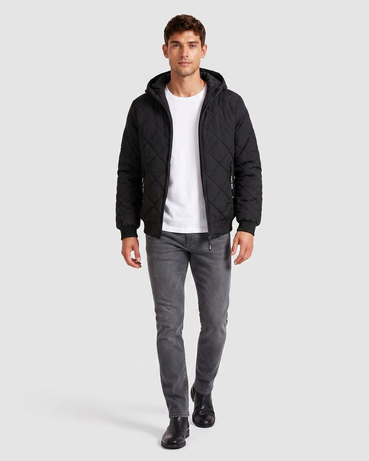 KZZ Men's Zip-Front Hooded Diamond-Quilted Jacket