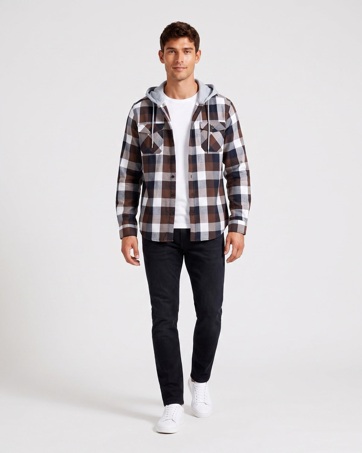 KZZ Men's Plaid Drawstring Hooded Shirt