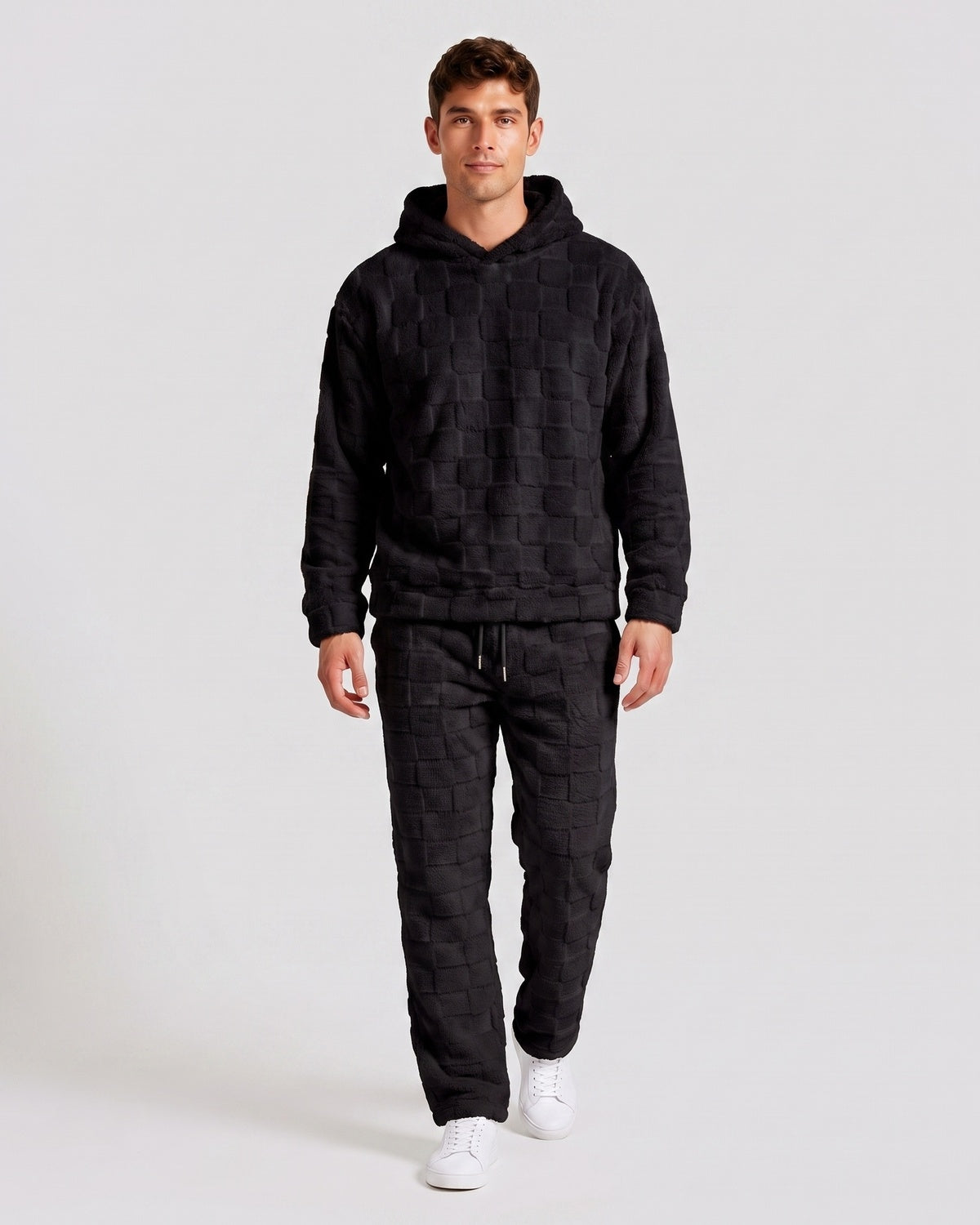 KZZ Fleece-lined letter-embroidered hoodie and elastic-waist trousers