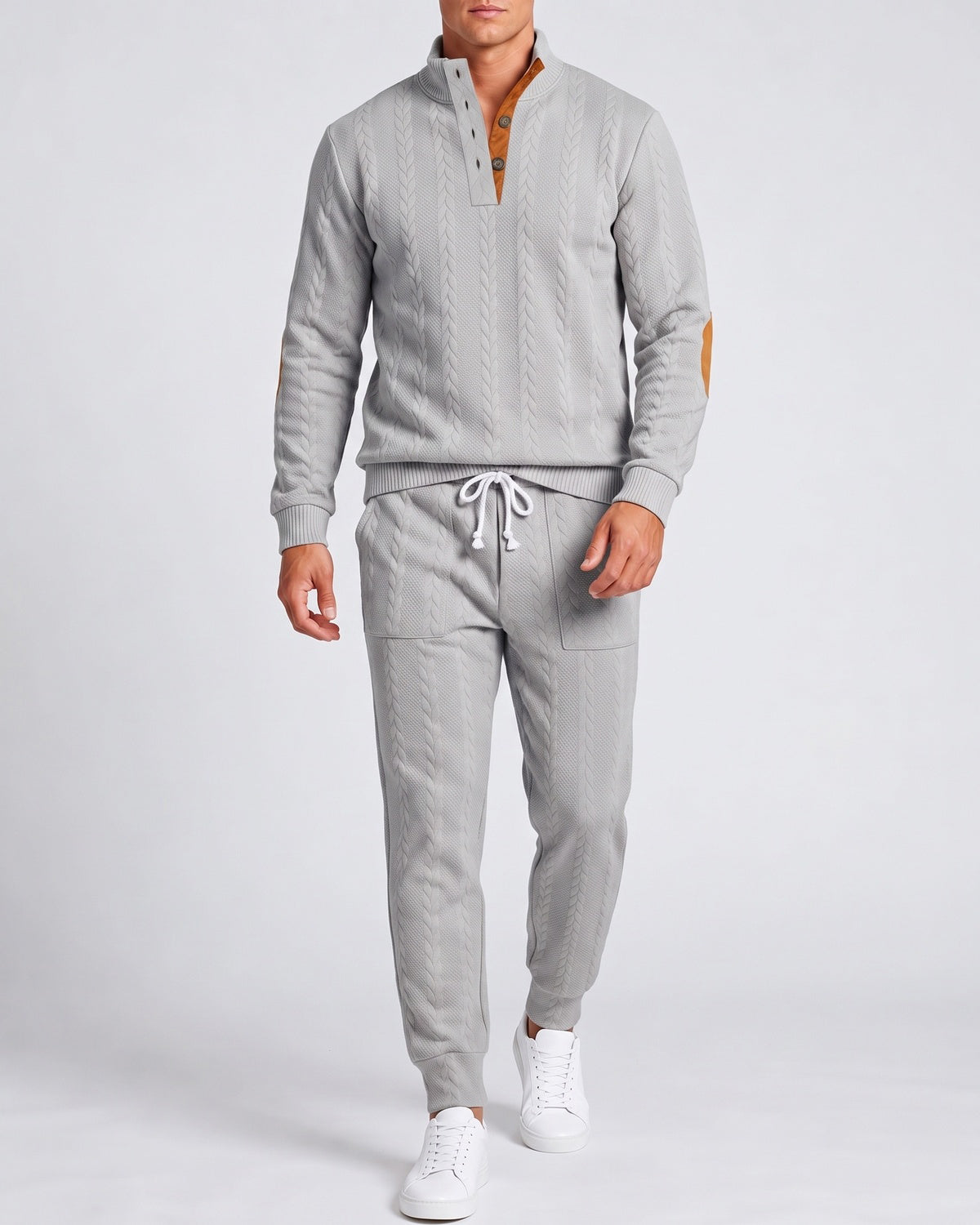 KZZ Men's Heavyweight Textured Patchwork Stand Collar Henry Sweatshirt Set