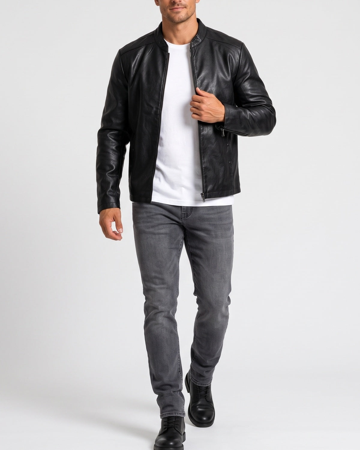 KZZ Men's slim-fit glossy leather motorcycle jacket