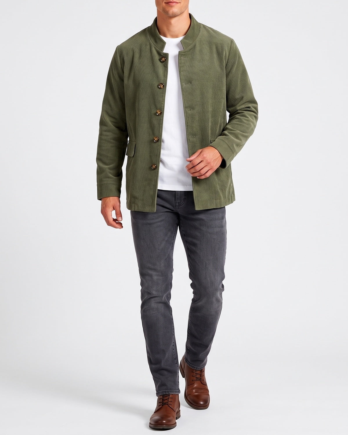 KZZ Men's solid color stand-up collar button pocket cardigan