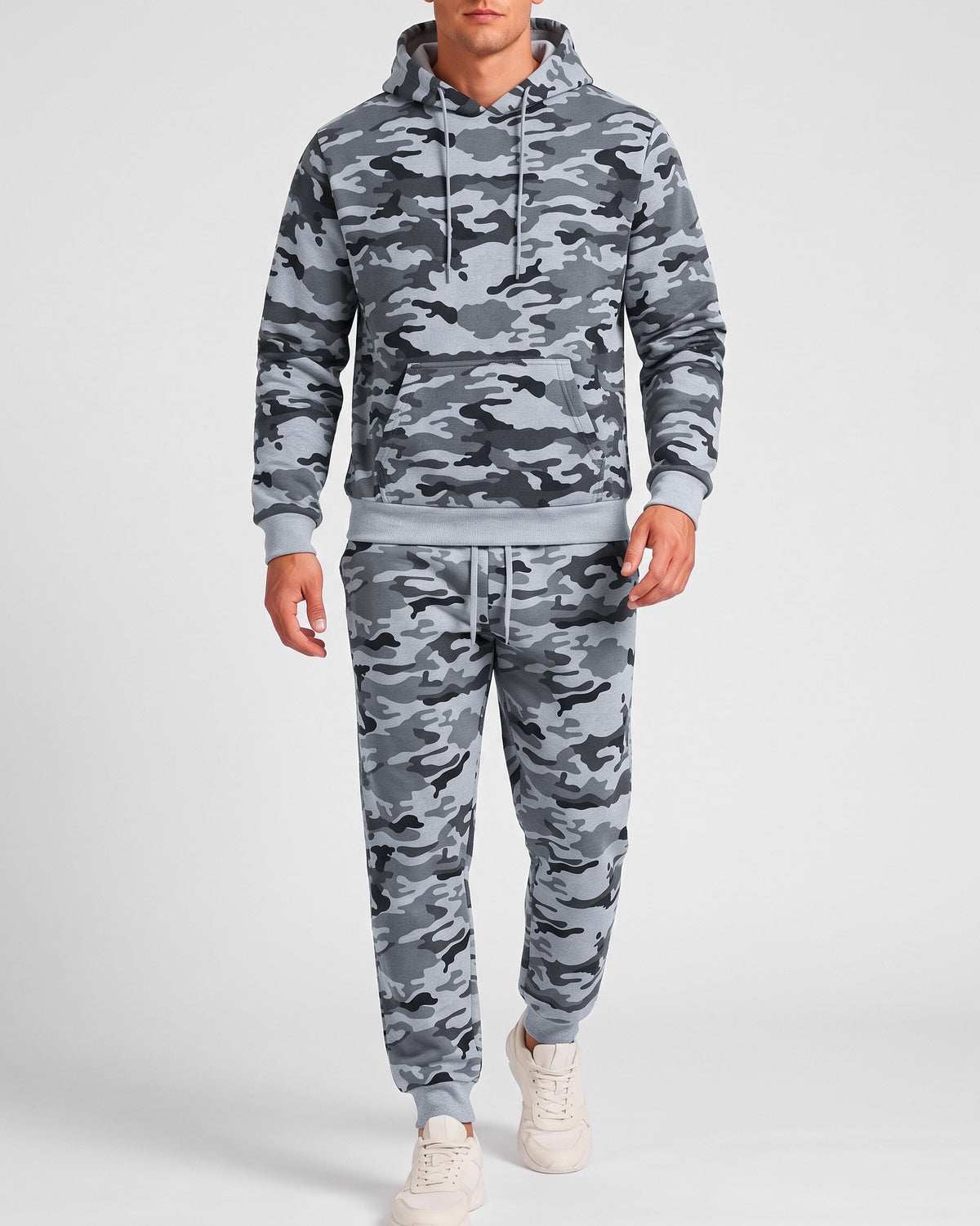 KZZ Men's casual camouflage suit with hood and drawstring design