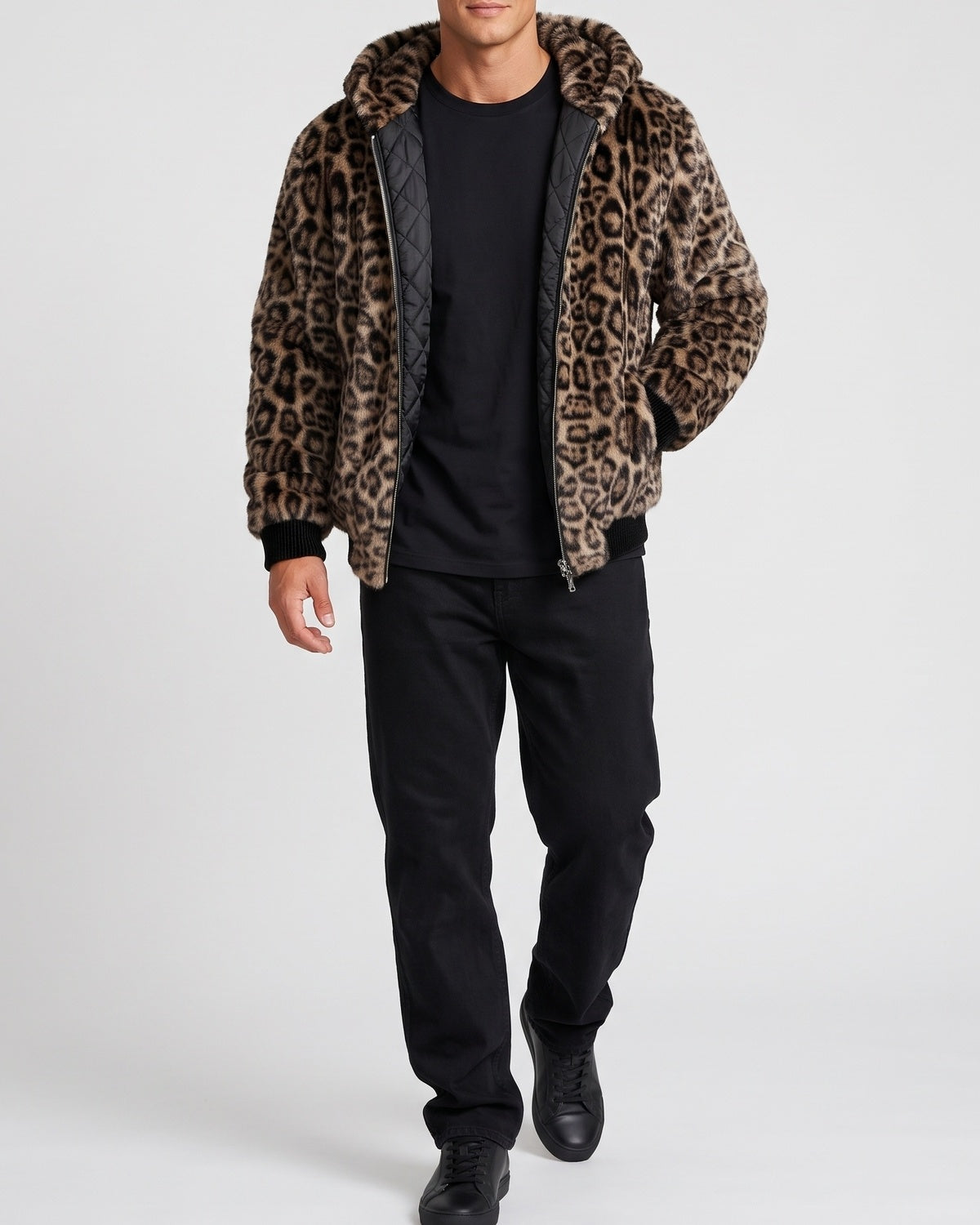 KZZ Men's Retro Leopard Print Fleece Zip-Up Hoodie