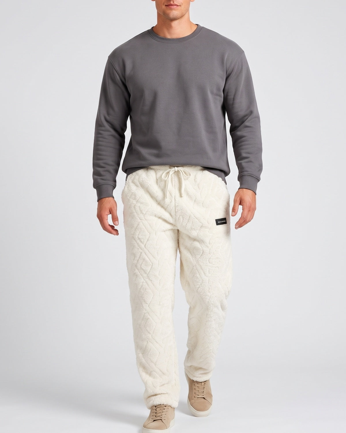 KZZ Men's Knitted Jacquard Wide-Leg Thickened Warm Fleece Drawstring Sports Pants