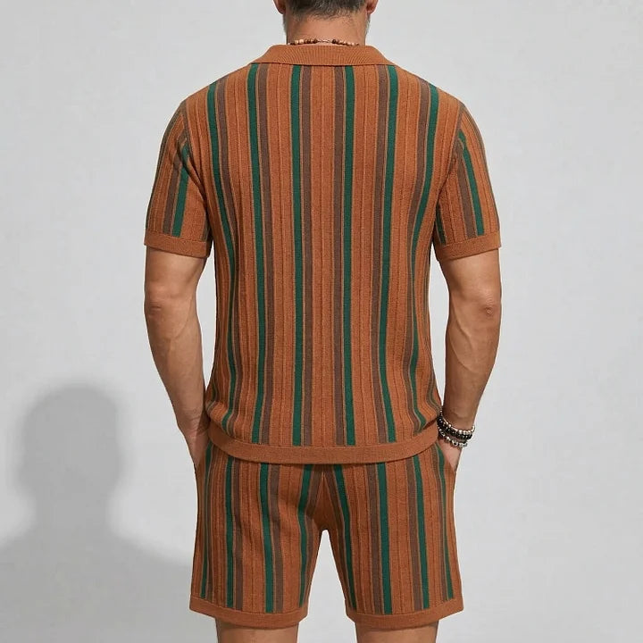 KZZ Men's Contrast Striped Turndown Collar Short Sleeve Shirt & Drawstring Shorts Set