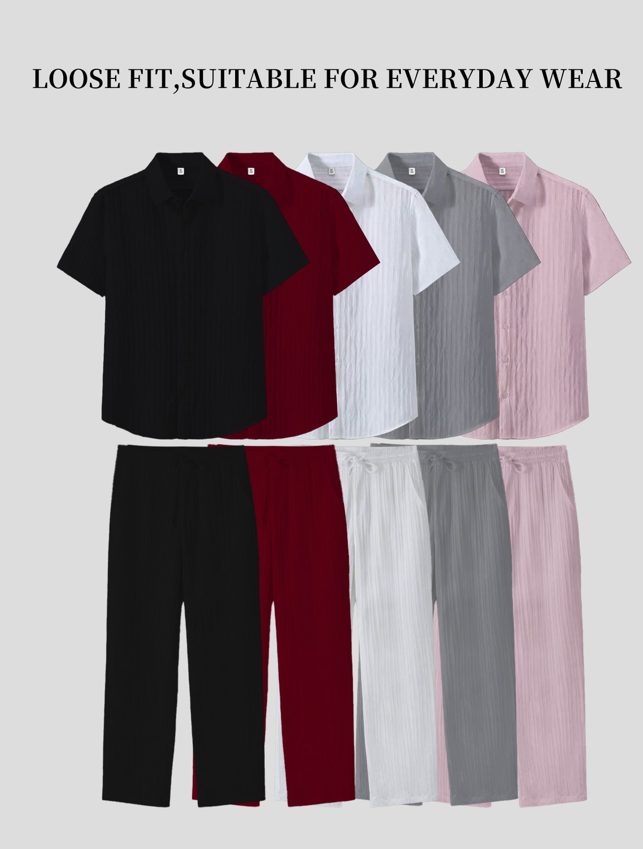 KZZ Men's Two-piece Suit Shirt and Elastic Waist Pants Set