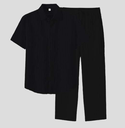 KZZ Men's Two-piece Suit Shirt and Elastic Waist Pants Set