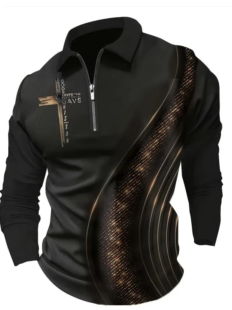 KZZ Men's black gold contrasting half zipper polo shirt