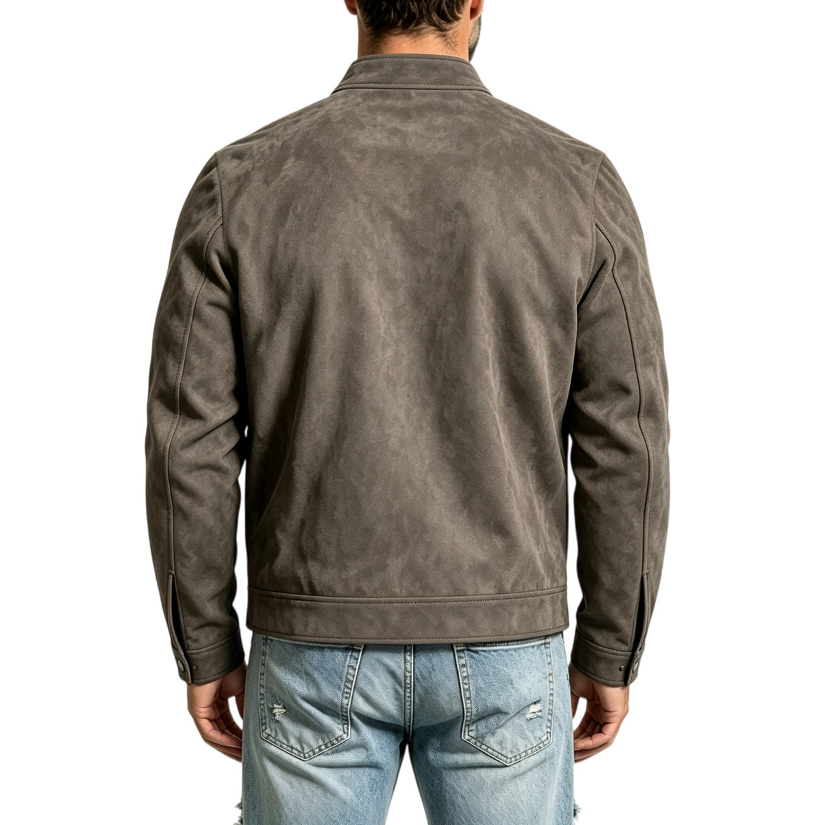 KZZ Suede stand-up collar motorcycle jacket for men, multi-zipper casual style