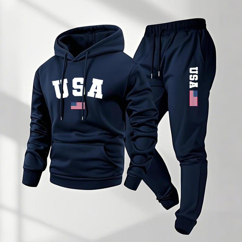 KZZ Men's USA Letter Printed Hoodie and Drawstring Sweatpants Set