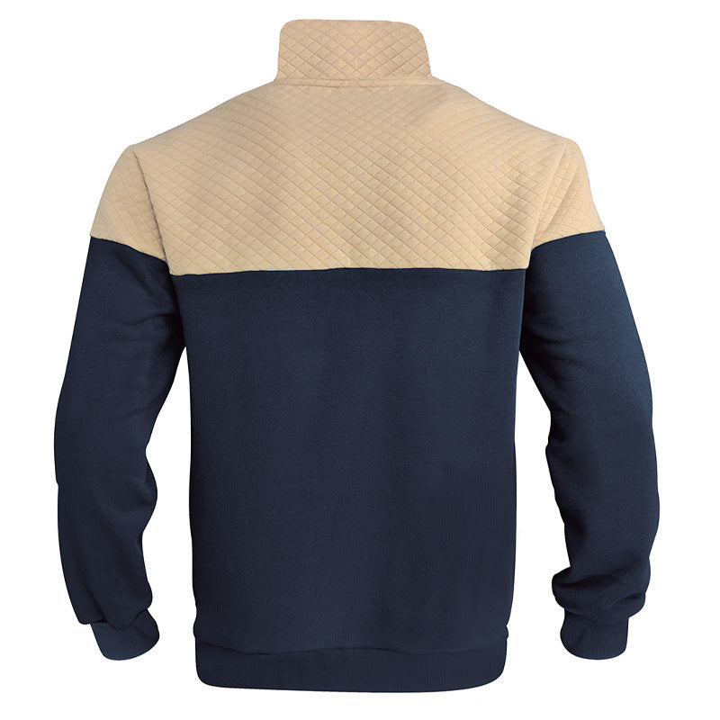 KZZ Men's Fall/Winter Patchwork Design Casual Stand-Up Collar Zipper Hoodie Sweatshirt