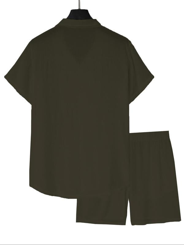 KZZ Men's Solid Color Shirt and Elastic Waist Shorts Set