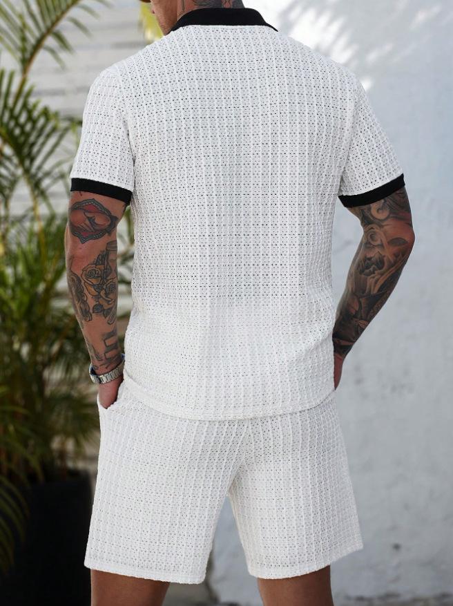 KZZ Men's Summer Cutout Color-block Short-Sleeve T-Shirt and Shorts