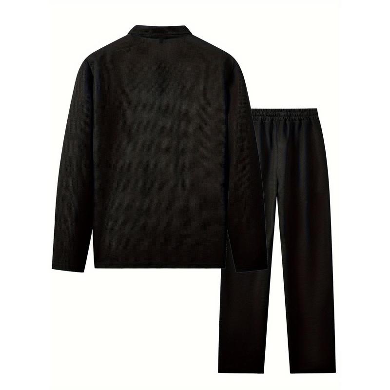 KZZ Men's solid color checkered casual suit, including long sleeved collar shirt and drawstring pants