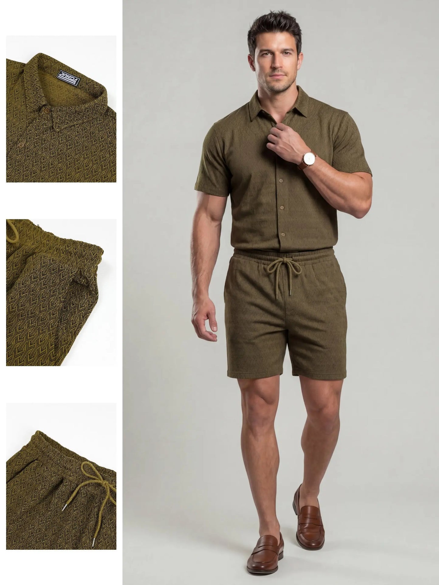 KZZ Men's New Stylish Jacquard Shirt and Shorts Set
