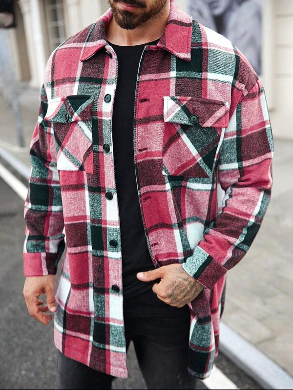 KZZ Men's plaid check long coat, with a buttoned lapel, loose fit