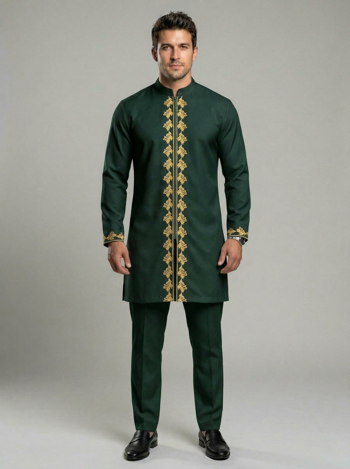 VVZ Long-Sleeve Embroidered Stand-Collar Shirt and Casual Trousers