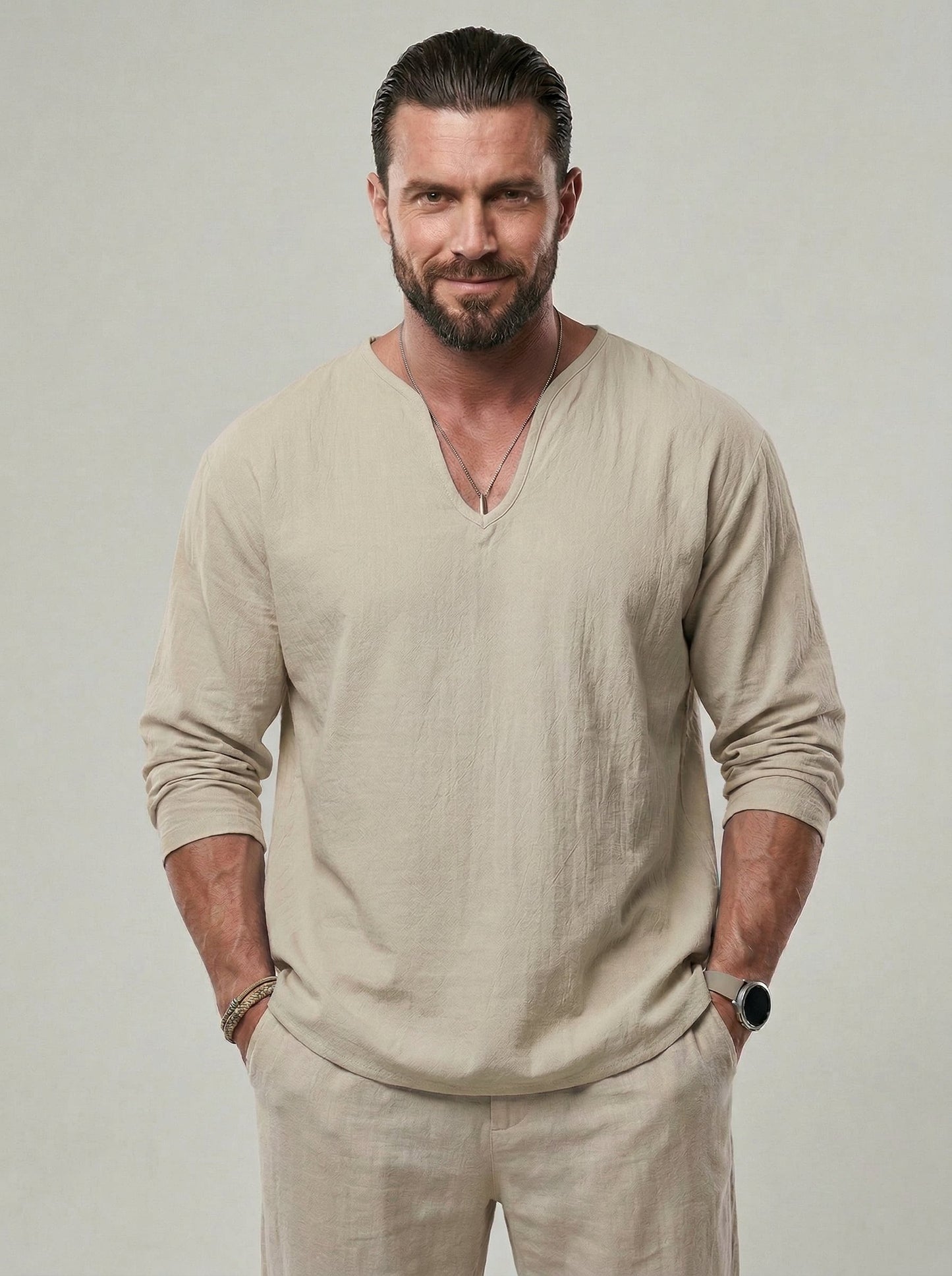 KZZ Men's V Neck Linen Shirt Casual Loose Fit Long Sleeve Top