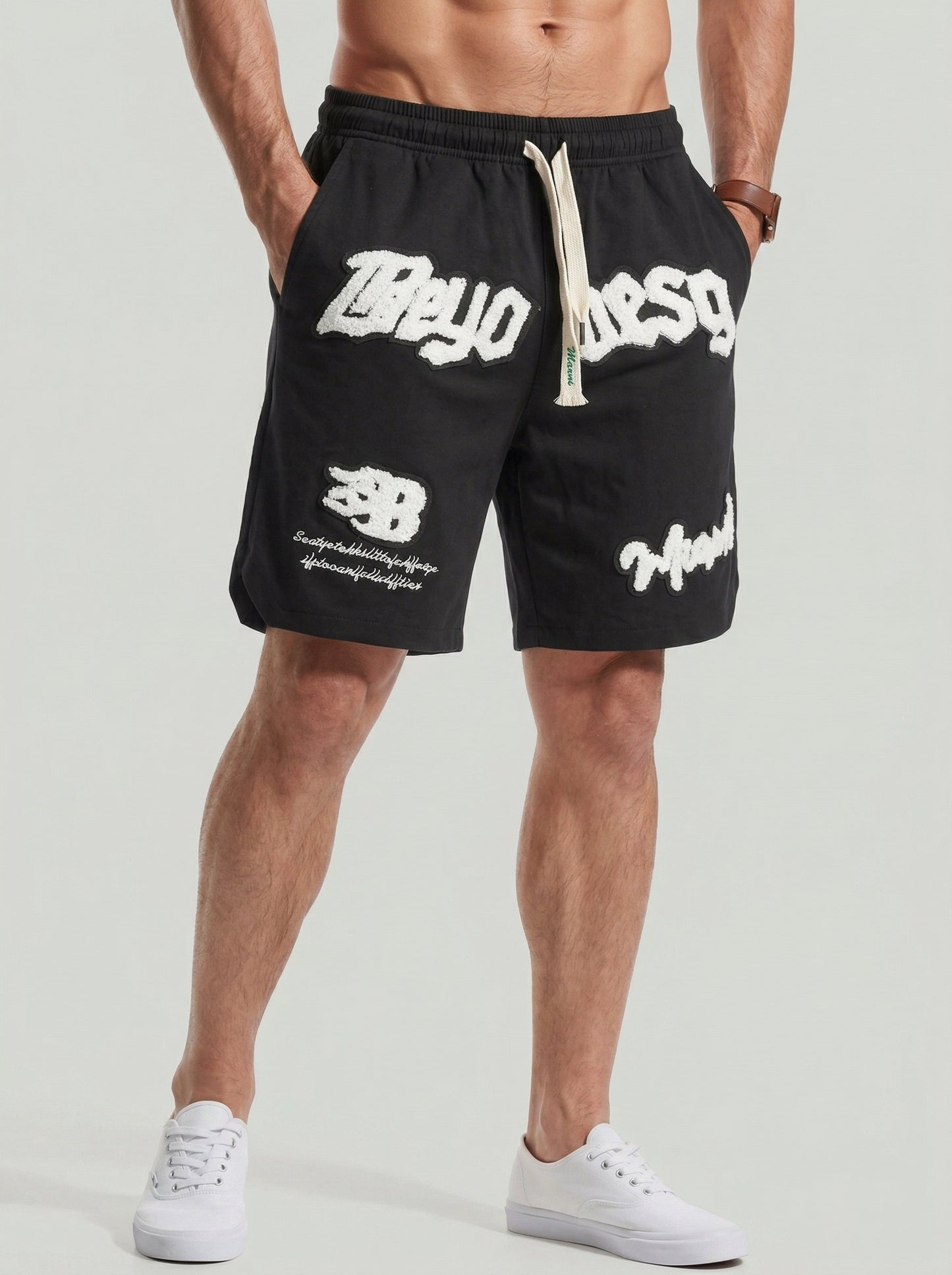 KZZ Men's Letter Embroidery Patched Drawstring Waist Shorts