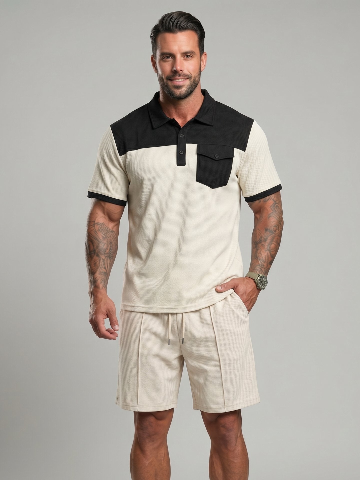KZZ Men's Solid-Color Half-Zip Polo Shirt & Shorts Two-Piece Set