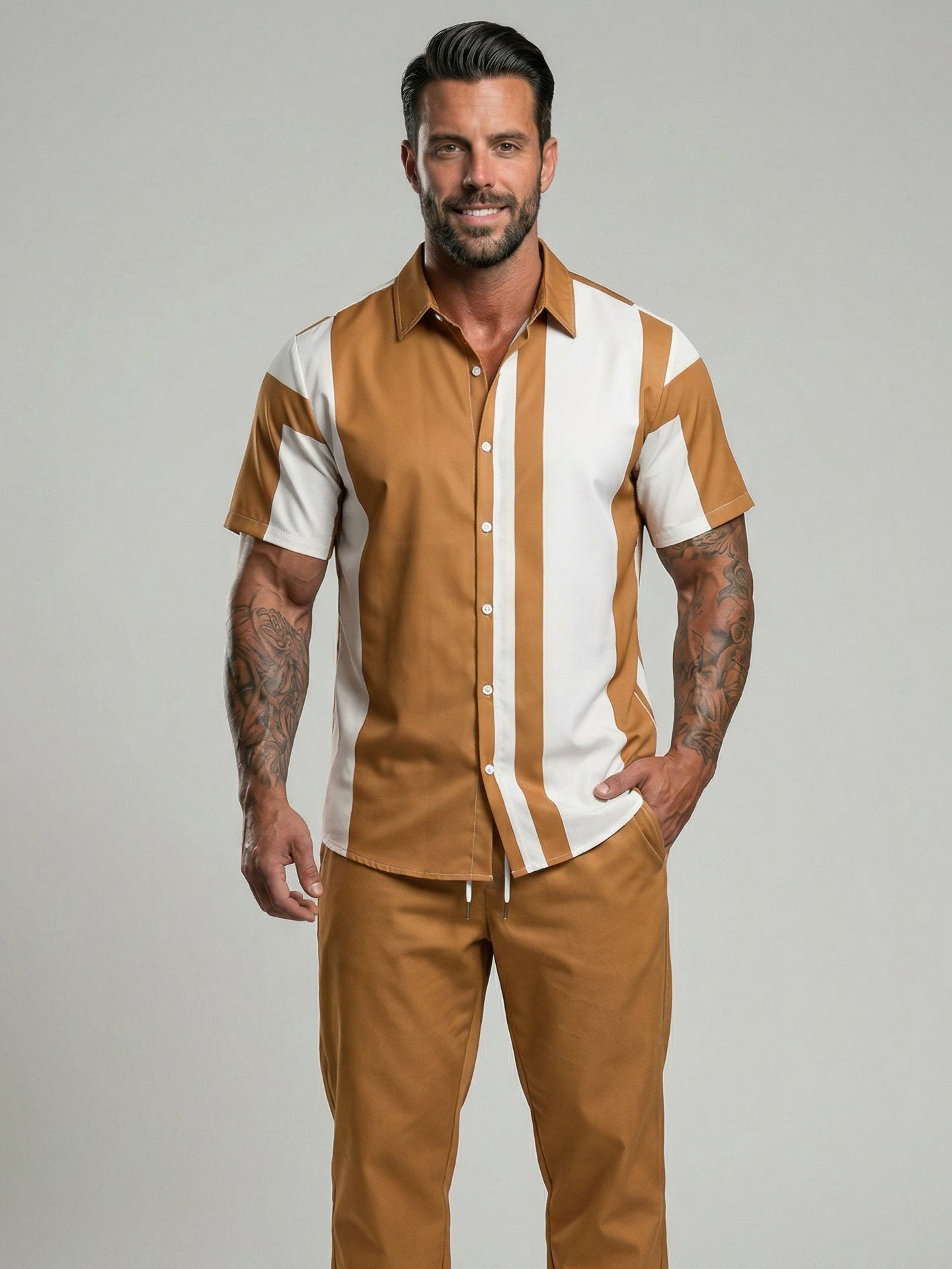 KZZ Men's Two-Piece Loungewear Set: Color-Block Printed Short-Sleeve Top and Long Pants