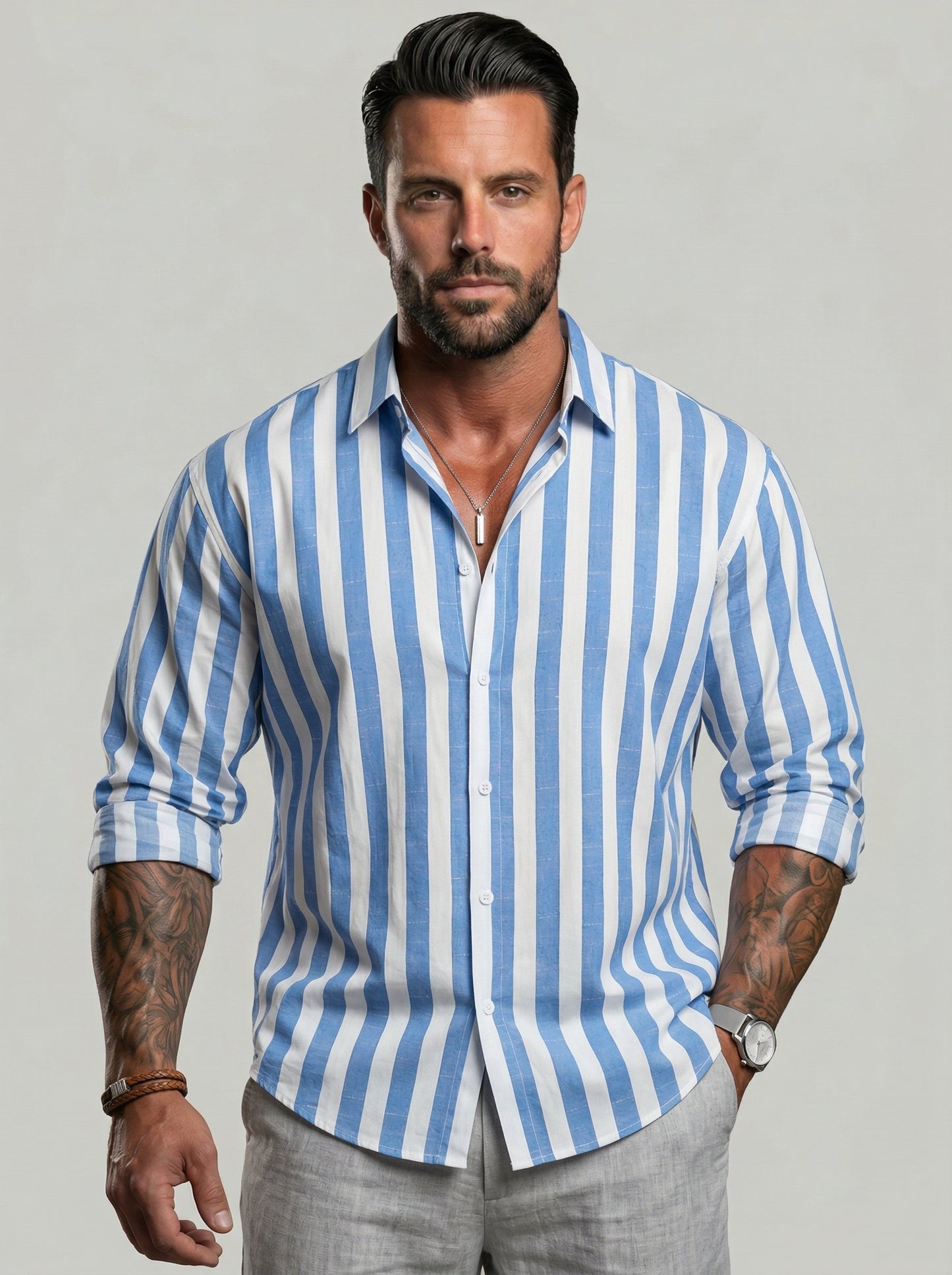 KZZ Men's Striped Print Long Sleeve Dress Shirt