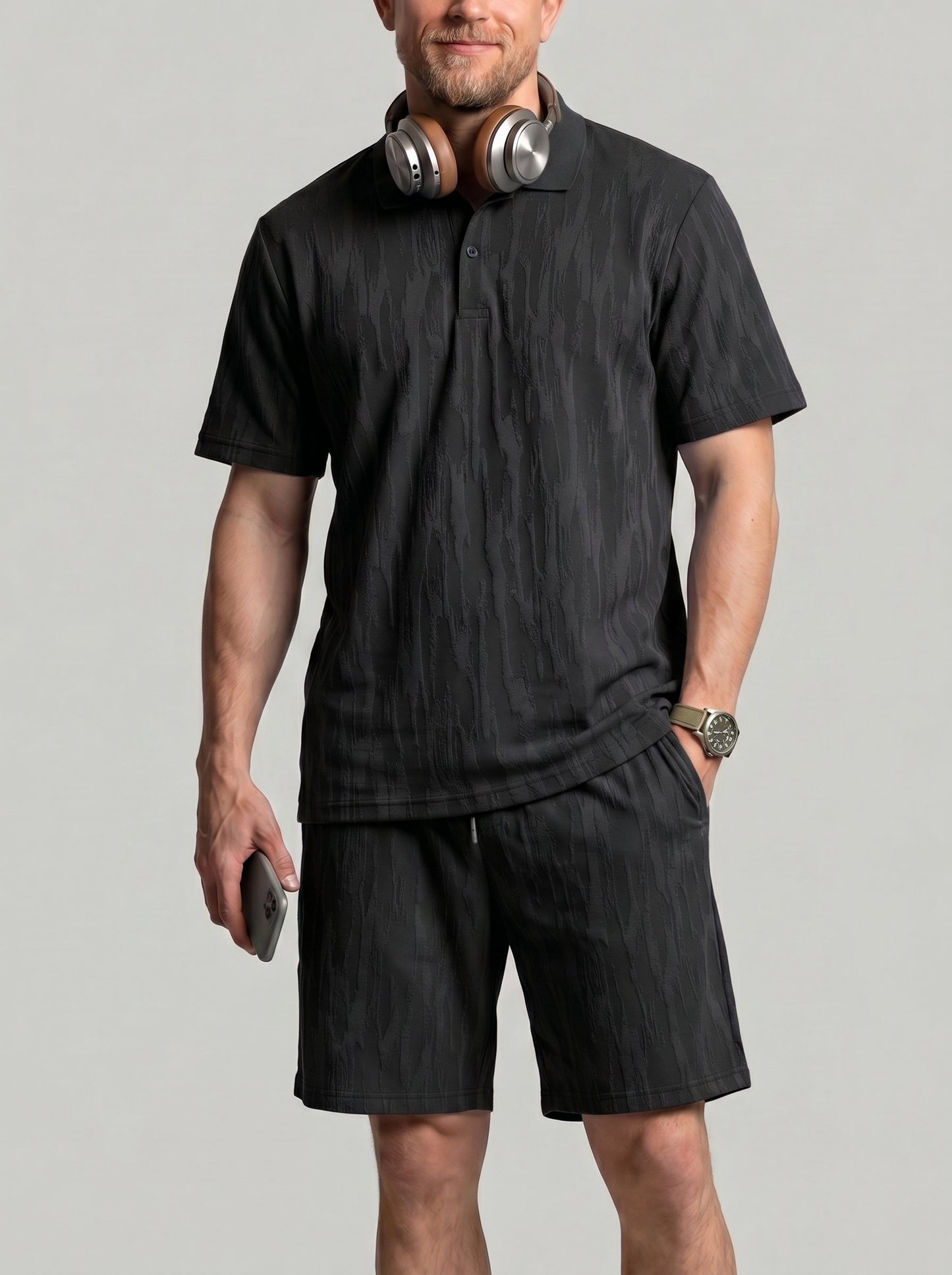 KZZ Men's Solid-Color Polo Shirt and Drawstring-Waist Shorts