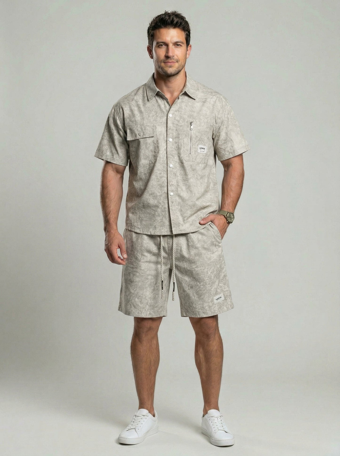 KZZ Men's American Retro Slim Fit Tie-Dye Workwear Short-Sleeve Set