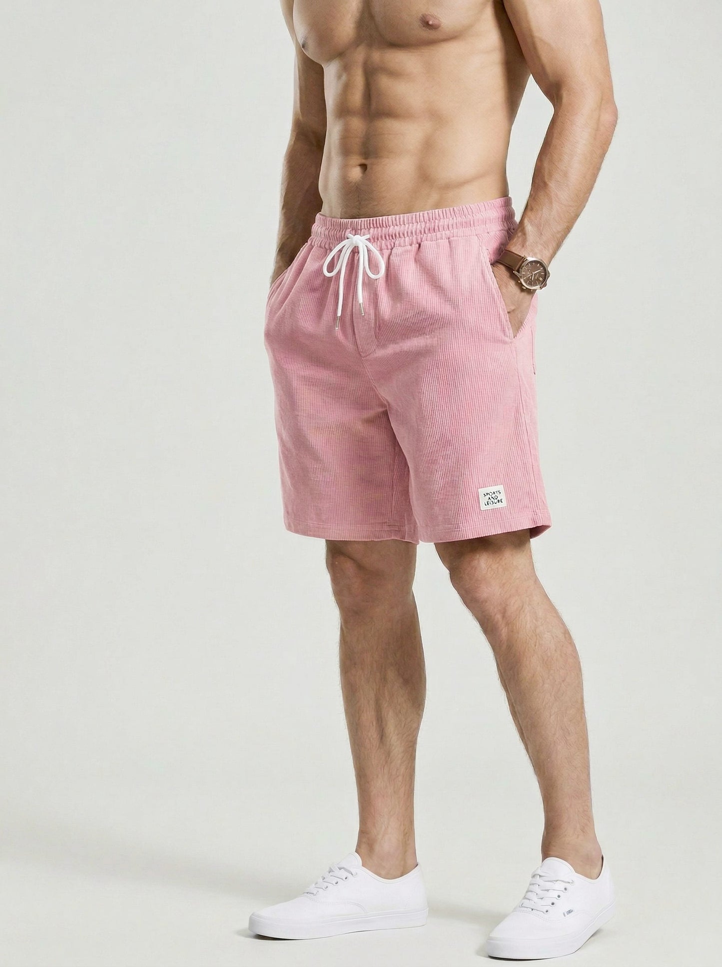 KZZ Men's Solid Patched Drawstring Waist Shorts