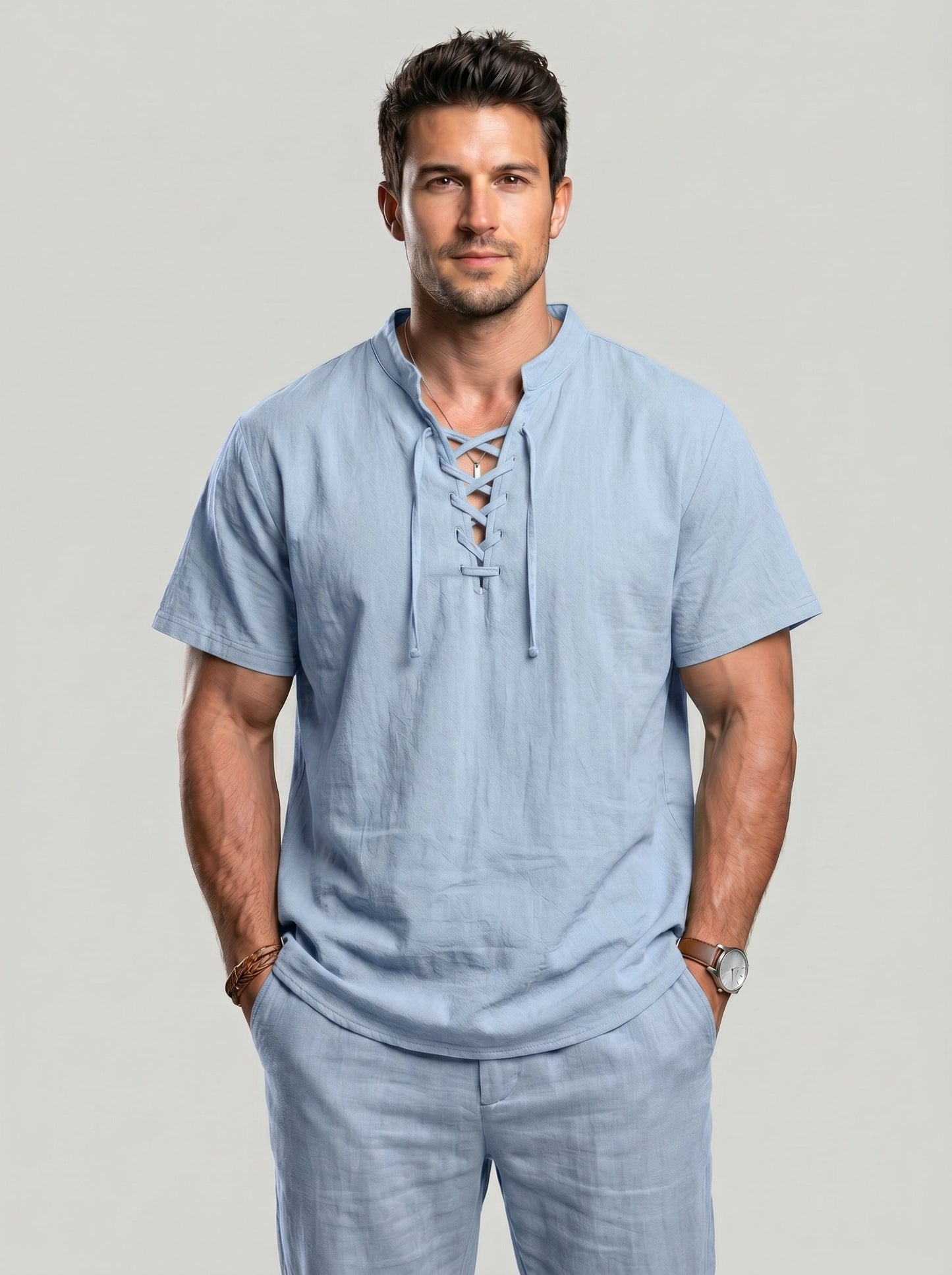 KZZ Men's summer linen stand-up collar short-sleeved shirt