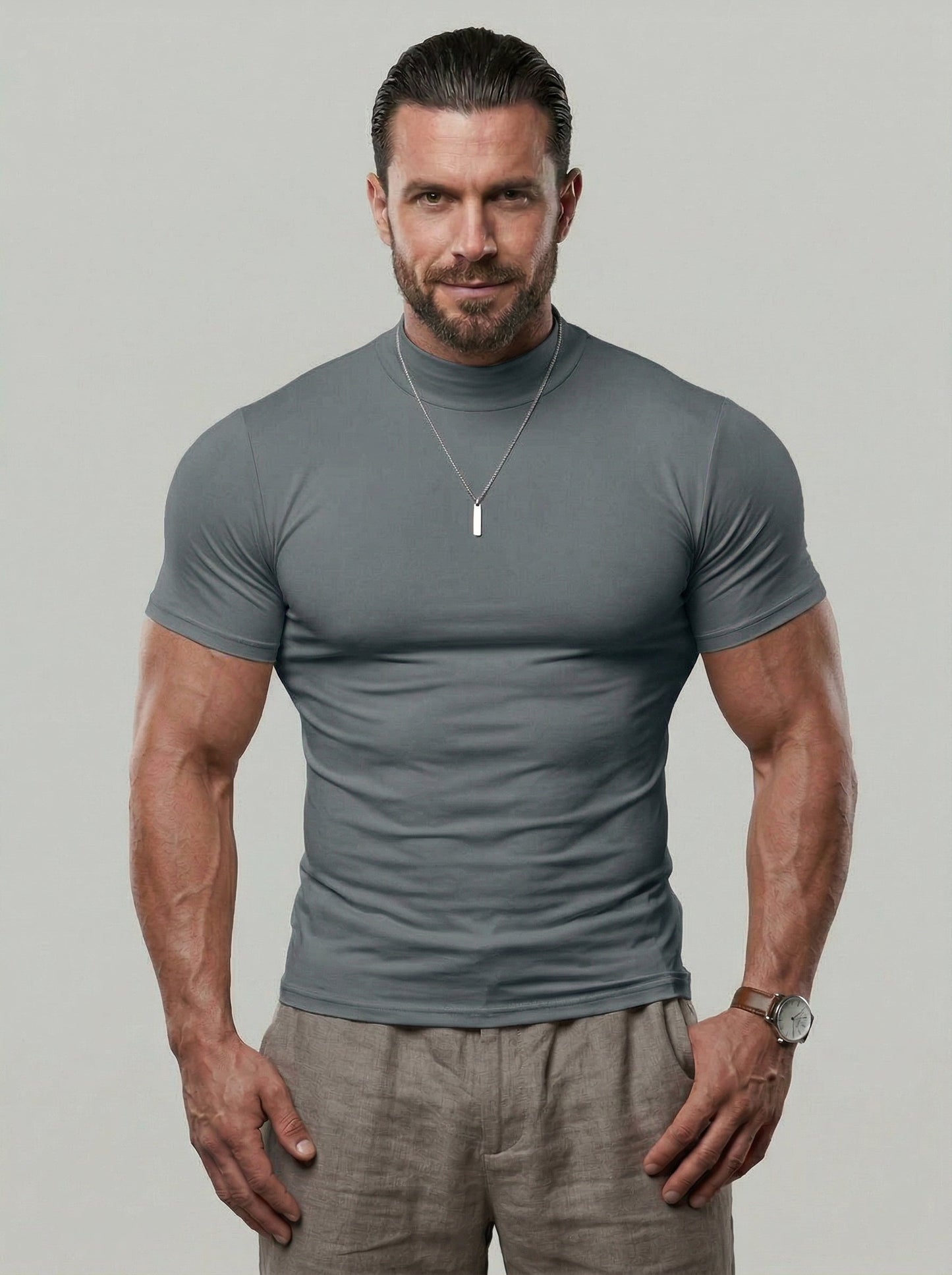 KZZ Solid Color High Neck Tight-Fitting Short Sleeve T-Shirt