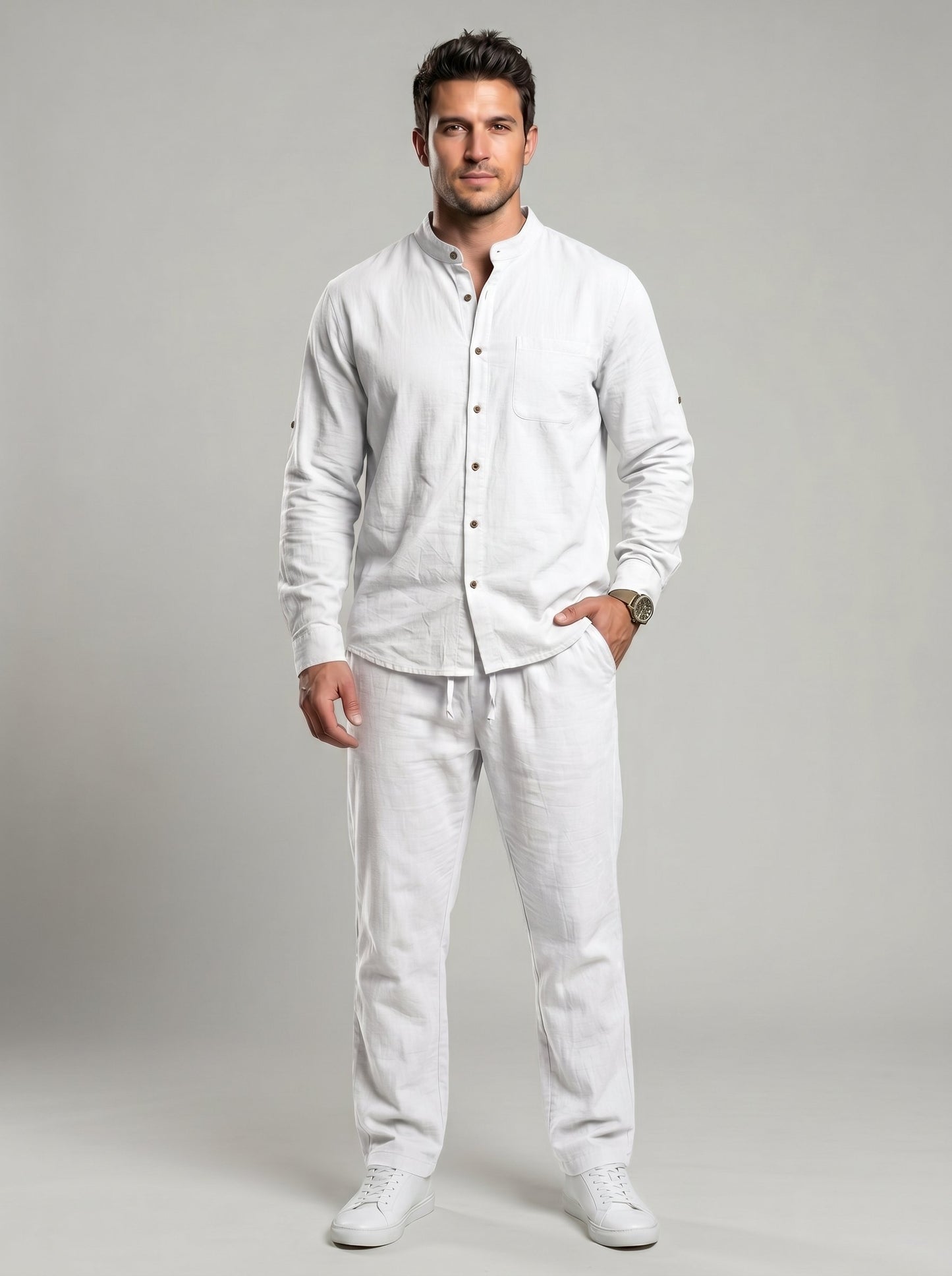 KZZ Men's Long-Sleeve Button-Down Shirt and Straight-Leg Drawstring Trousers Set