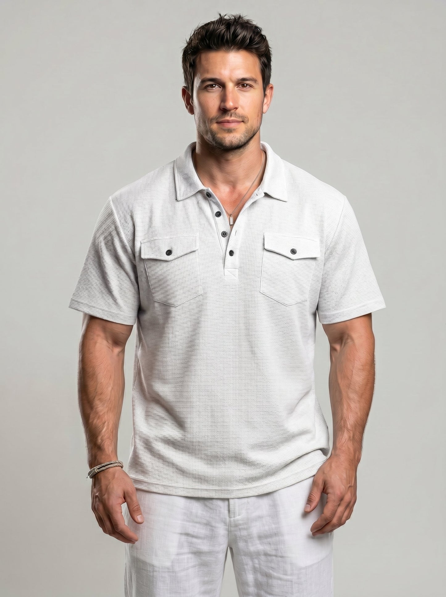 KZZ Men's Business-Casual Athletic-Style Waffle-Knit Solid-Color Short-Sleeve Polo Shirt