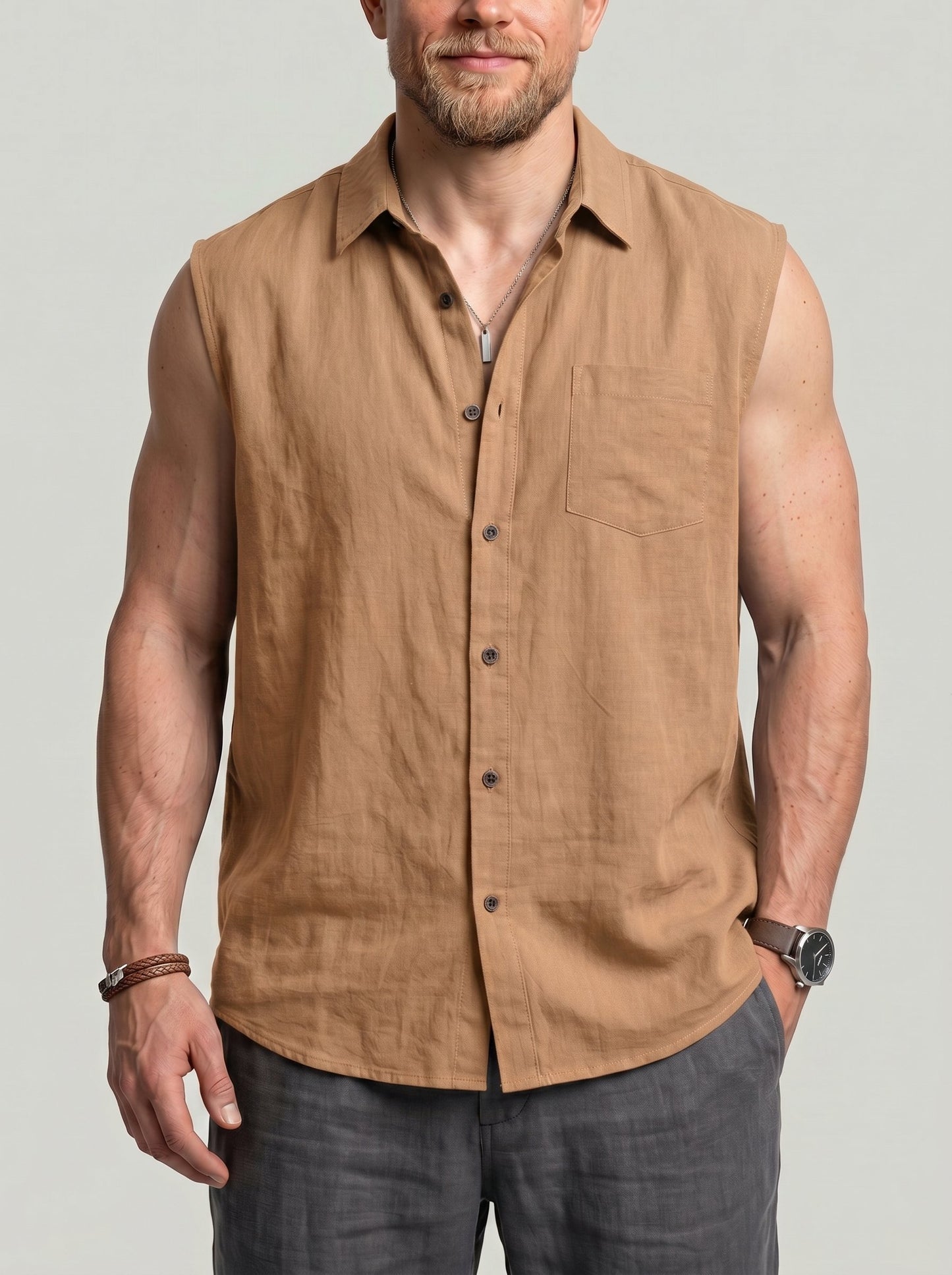 KZZ Men's Solid-Color Loose-Fit Linen Sleeveless Vest