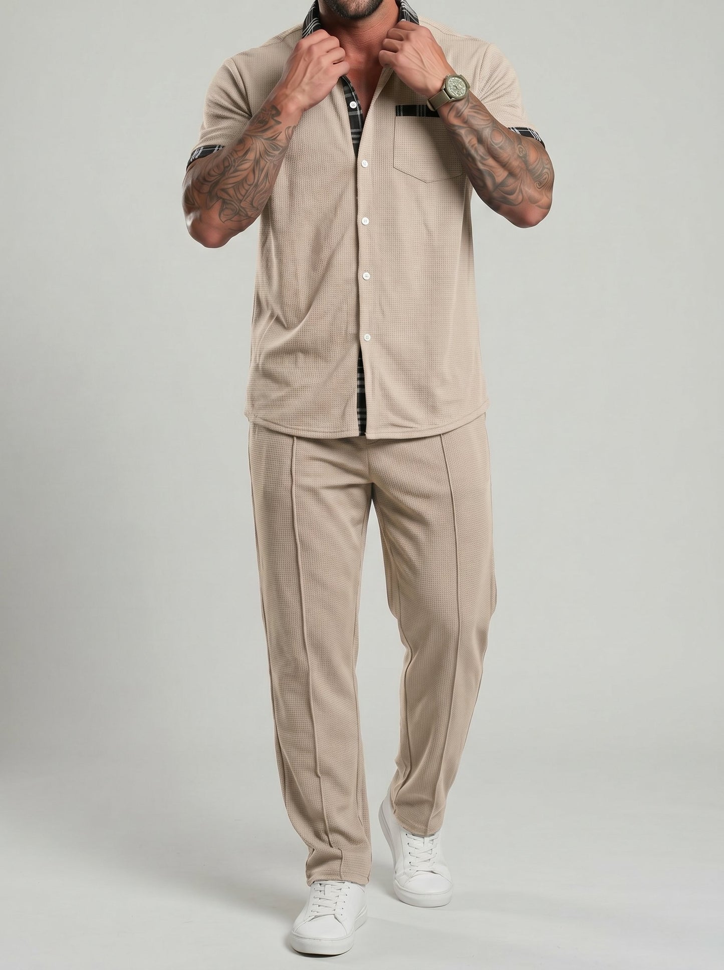 KZZ Color-block Waffle-knit Short-sleeve Top & Pants Set
