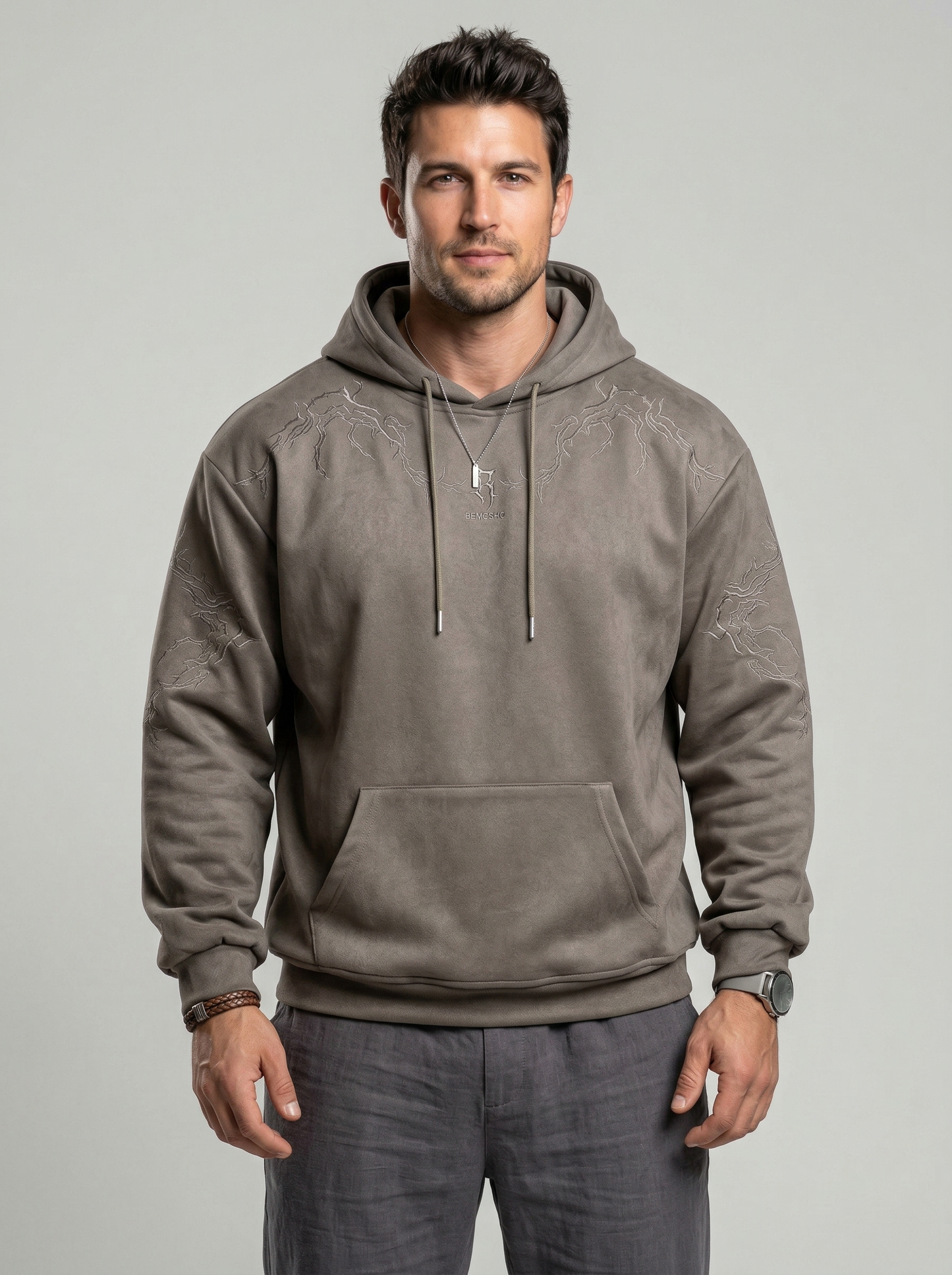 KZZ Men's Casual Loose-Fit Embroidered Thorns Hooded
