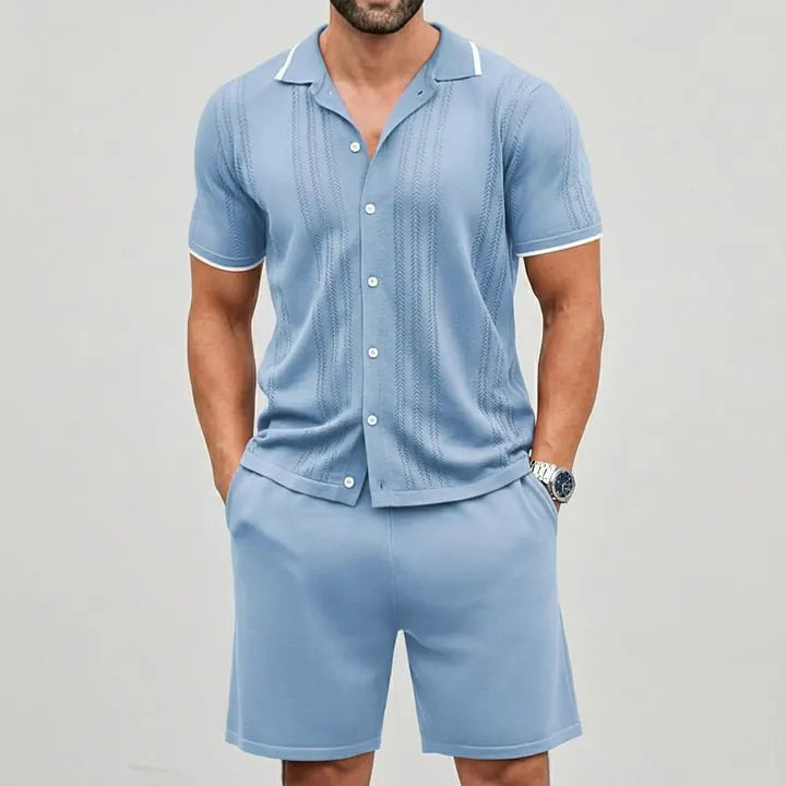 KZZ Men's Casual Breathable Contrast Trim Short Sleeve Shirts & Shorts Set