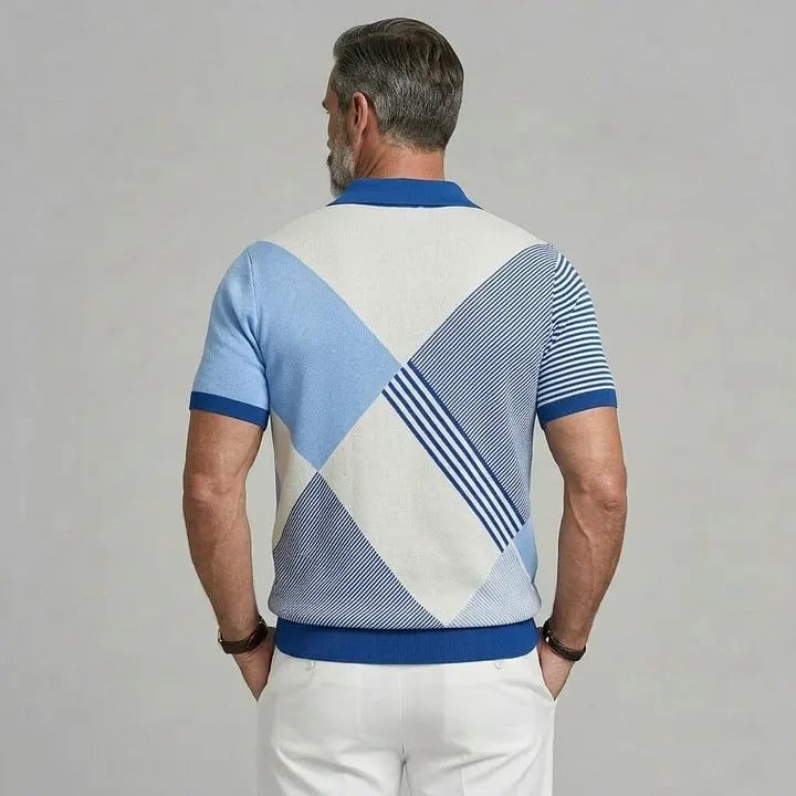 KZZ Men's Casual Colorblock Striped Pattern Turndown Collar Polo Shirt