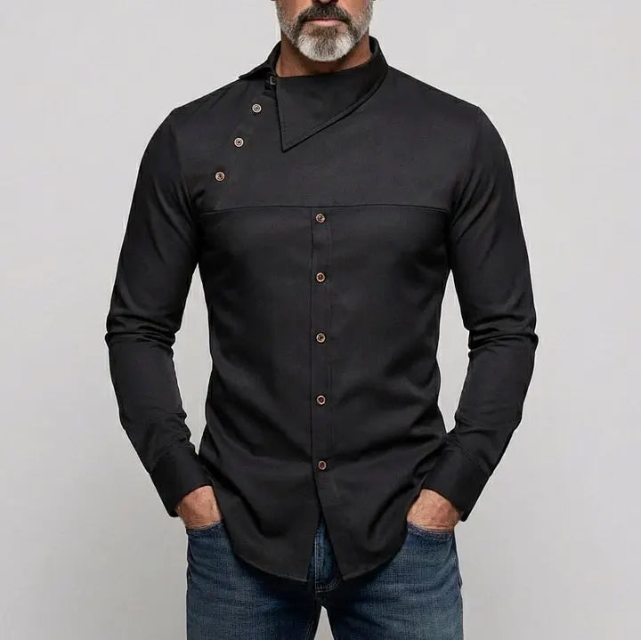 KZZ Men's Casual Solid Shirt Collar Asymmetrical Buttons Long Sleeve Shirts