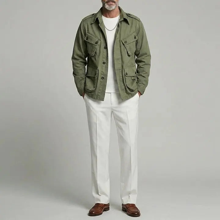 KZZ Men's Olive Green Lapel Collar Multi-Pocket Single Breasted Cargo Jacket