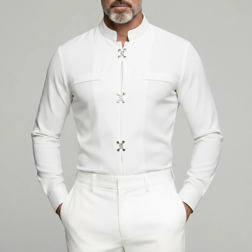KZZ Men's Solid Stand Collar Metal Button Long Sleeve Shirts