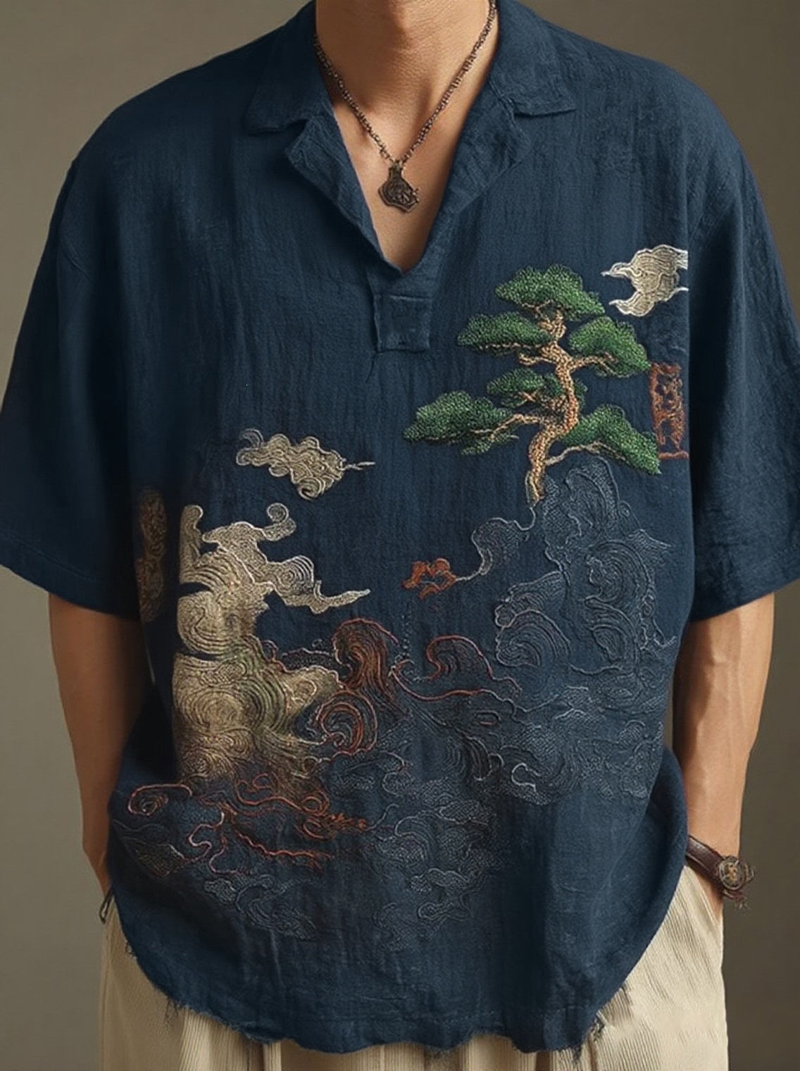 KZZ Short-Sleeve Polo Shirt with Landscape Pattern